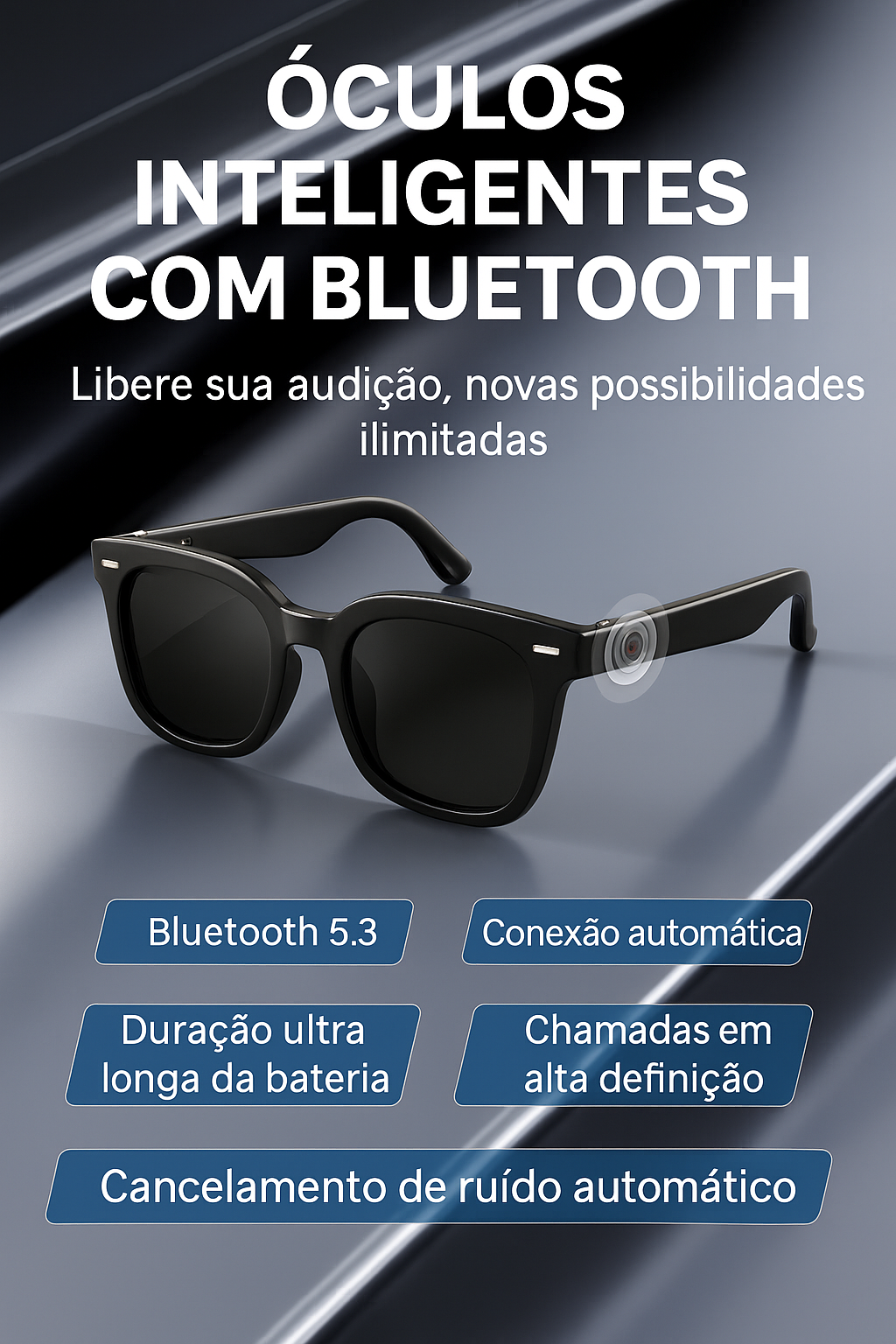 Óculos Bluetooth com proteção UV, som embutido e microfone. Ideal para ouvir música e atender ligações com liberdade e estilo em qualquer lugar.