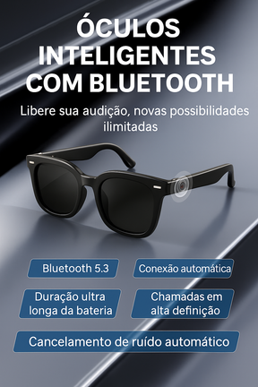 Óculos Bluetooth com proteção UV, som embutido e microfone. Ideal para ouvir música e atender ligações com liberdade e estilo em qualquer lugar.