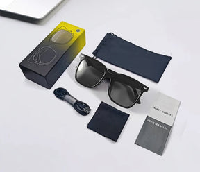 Óculos Bluetooth com proteção UV, som embutido e microfone. Ideal para ouvir música e atender ligações com liberdade e estilo em qualquer lugar.