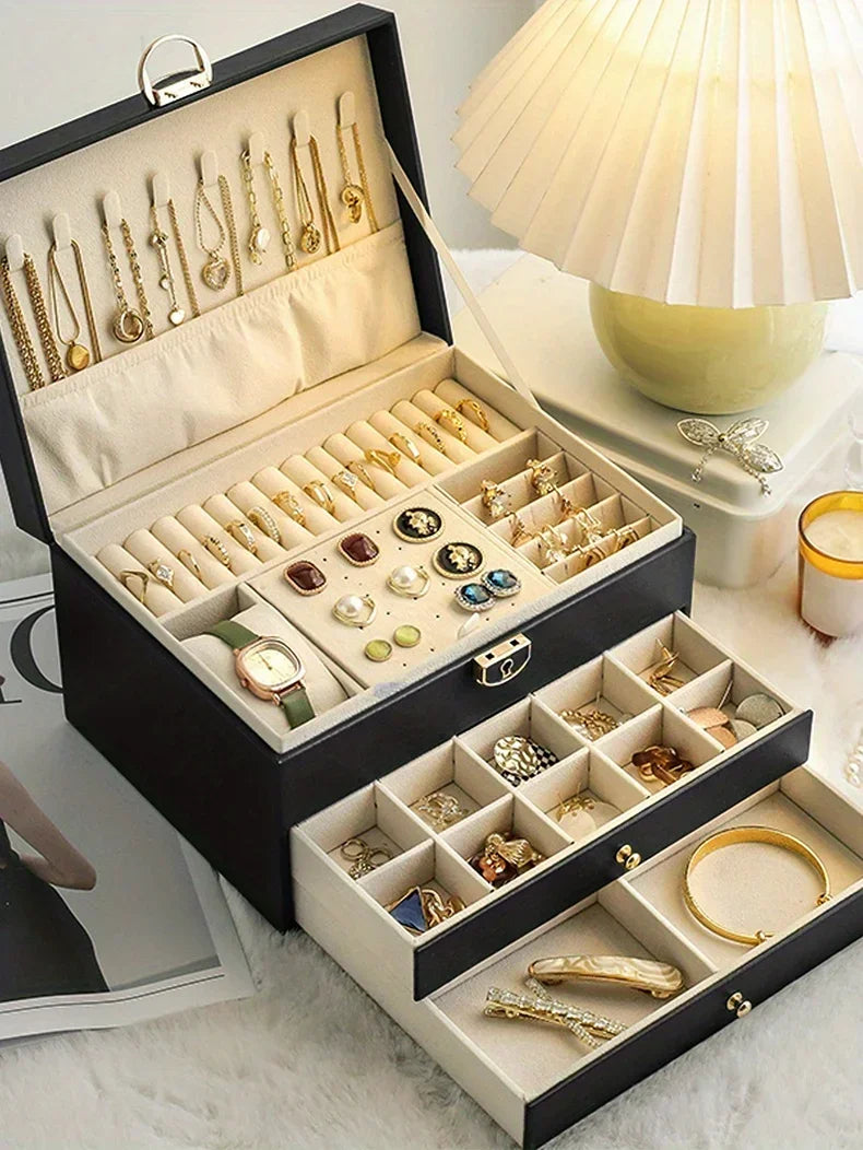 Organizador de joias portátil e elegante com espelho, ideal para viagens e proteção de anéis, brincos, colares e pulseiras