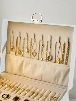 Organizador de joias portátil e elegante com espelho, ideal para viagens e proteção de anéis, brincos, colares e pulseiras