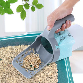 Pá de limpeza para gato com suporte para saco e filtro, ideal para remover resíduos da caixa de areia com higiene, sem contato e sem mau cheiro.