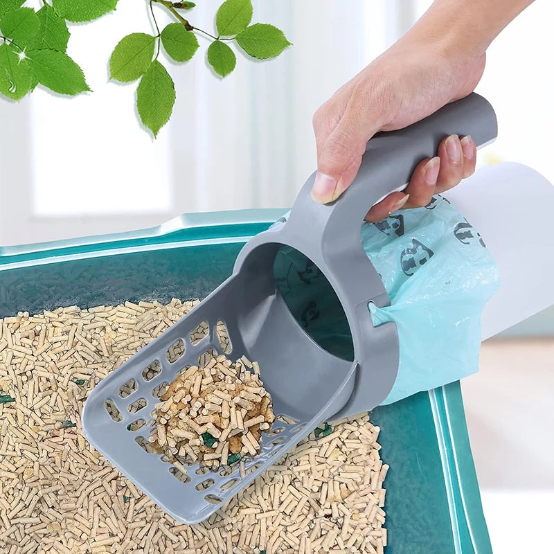 Pá de limpeza para gato com suporte para saco e filtro, ideal para remover resíduos da caixa de areia com higiene, sem contato e sem mau cheiro.