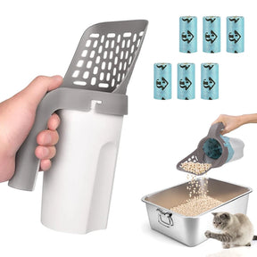 Pá para areia de gato com filtro portátil e sacos de lixo.