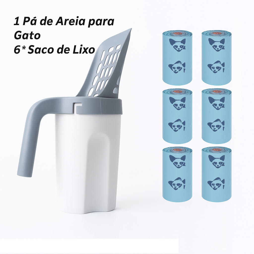 Pá para areia de gato com filtro portátil e sacos de lixo.