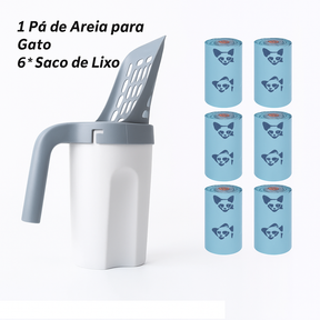 Pá para areia de gato com filtro portátil e sacos de lixo.