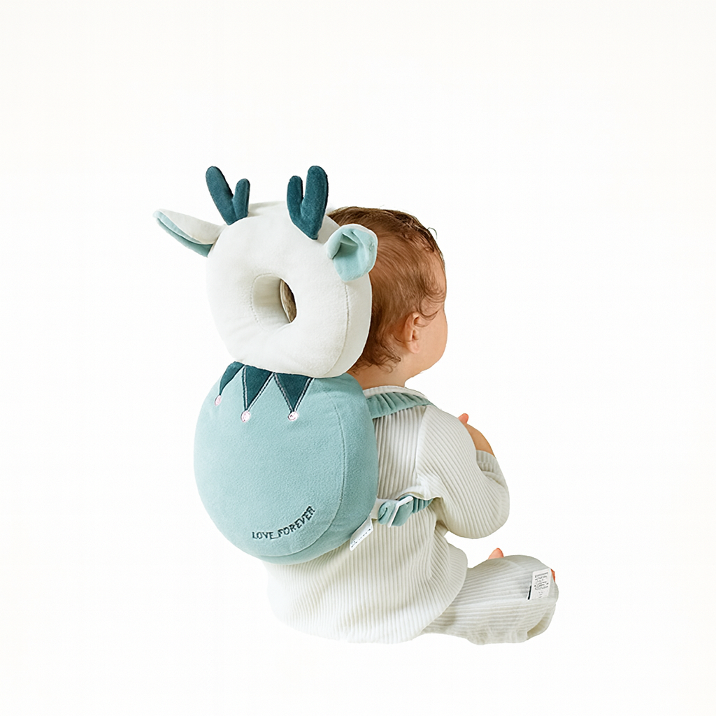 Kit proteção para bebê com almofada de cabeça e joelheiras antiderrapantes.