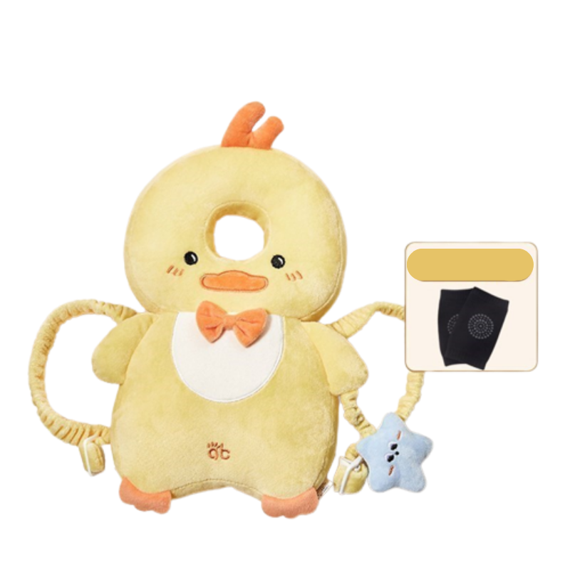 Kit proteção para bebê com almofada de cabeça e joelheiras antiderrapantes.