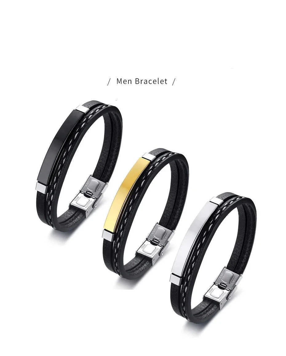 Pulseira de couro masculina com detalhe em aço inoxidável.
