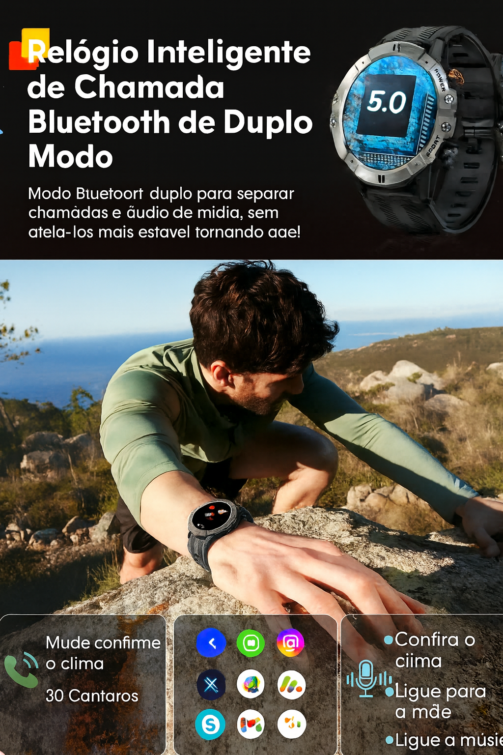 Smartwatch Bluetooth GPS 2025 com monitor cardíaco, chamadas, notificações e rastreamento esportivo, ideal para saúde e desempenho
