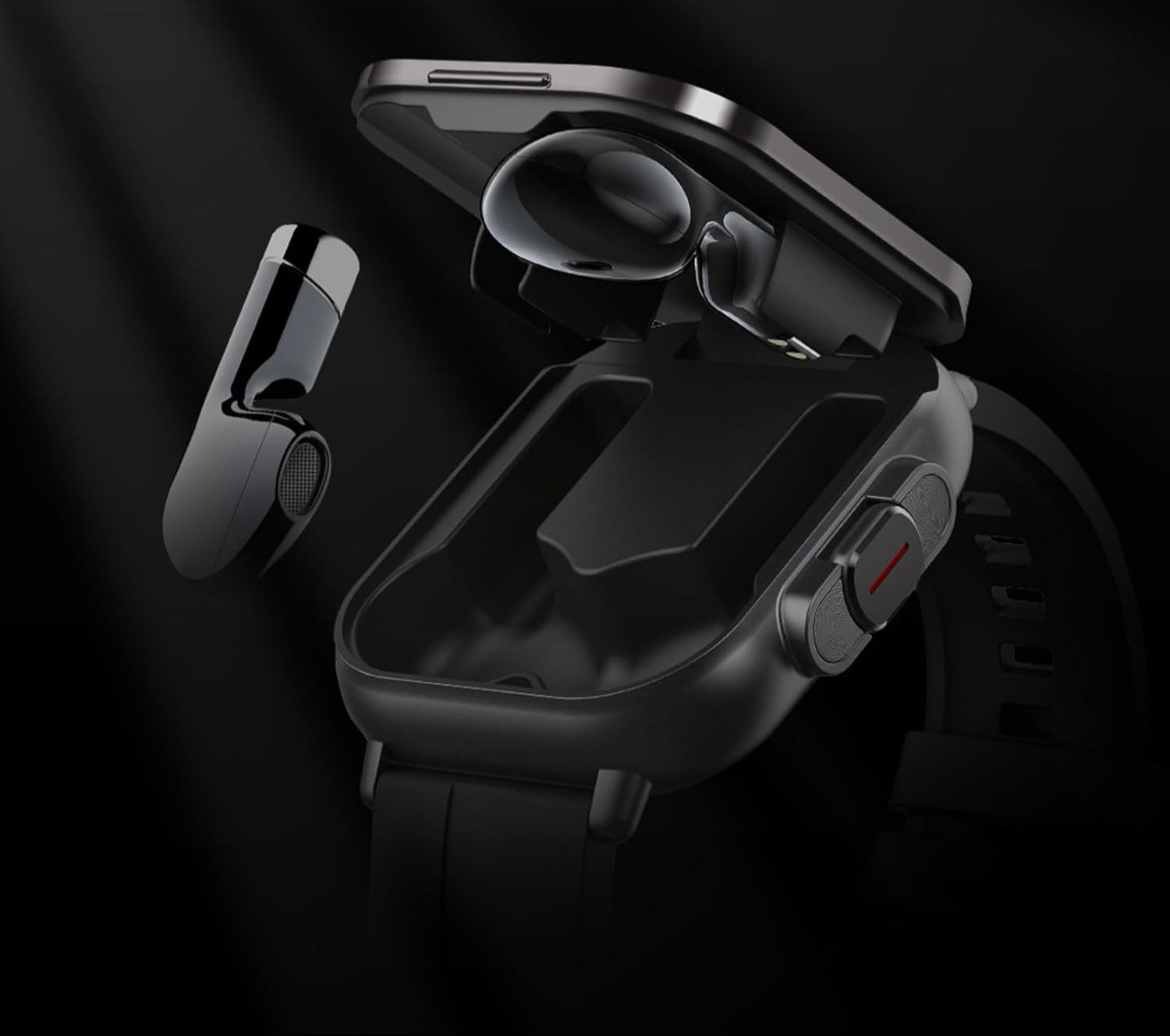 Relógio inteligente com fone de ouvido integrado moderno e prático.