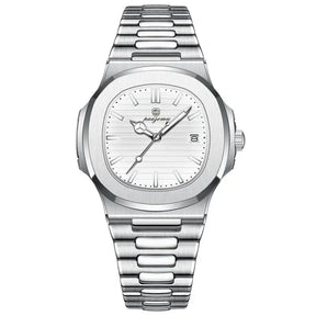 Relógio Poedagar Original 2025 com mostrador texturizado, pulseira em aço inox e ponteiros luminosos, unindo luxo e durabilidade.