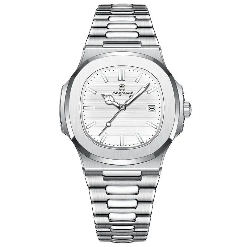 Relógio Poedagar Original 2025 com mostrador texturizado, pulseira em aço inox e ponteiros luminosos, unindo luxo e durabilidade.