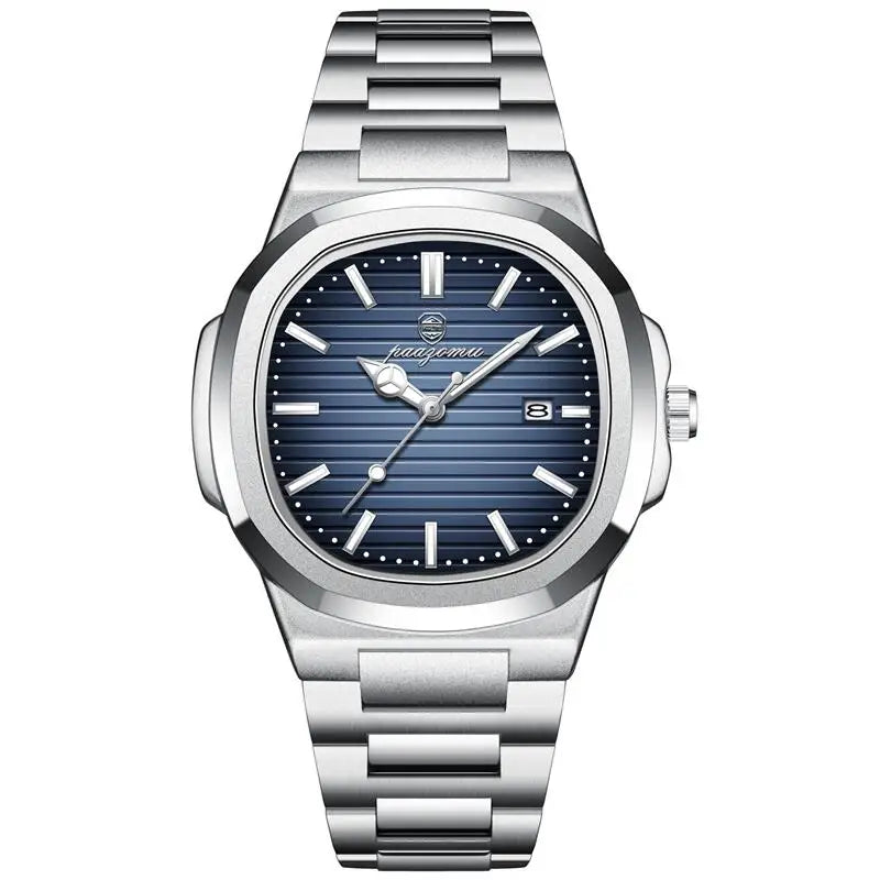 Relógio Poedagar Original 2025 com mostrador texturizado, pulseira em aço inox e ponteiros luminosos, unindo luxo e durabilidade.