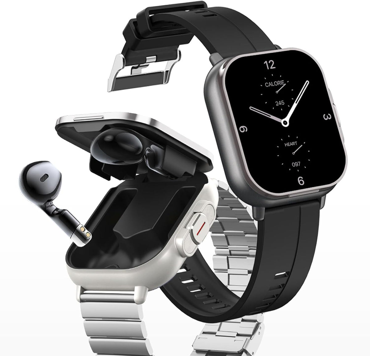 Smartwatch 2 em 1 com fones de ouvido Bluetooth integrados, chamadas, monitoramento de saúde e design moderno resistente à água.