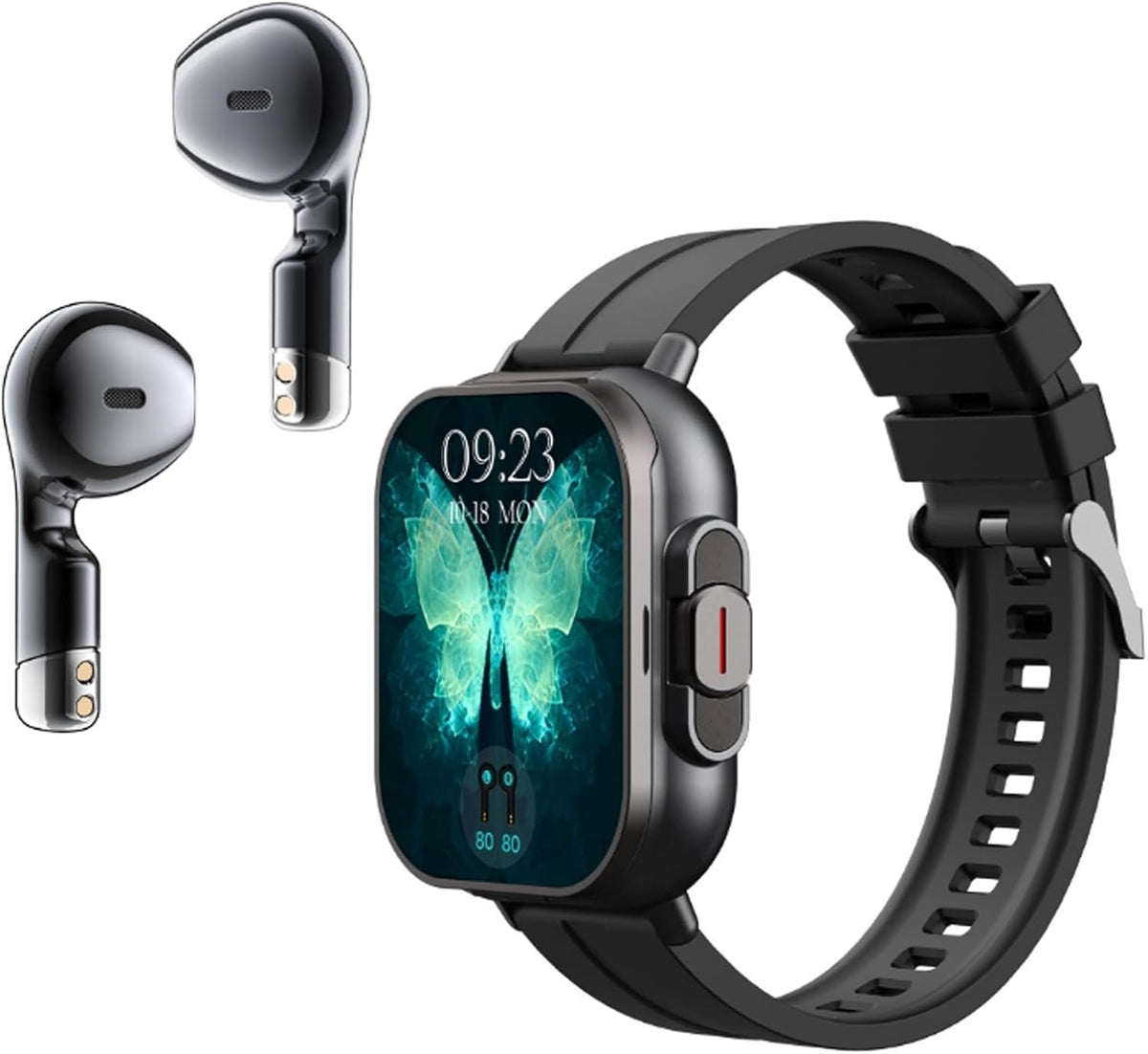 Smartwatch 2 em 1 com fones de ouvido Bluetooth integrados, chamadas, monitoramento de saúde e design moderno resistente à água.