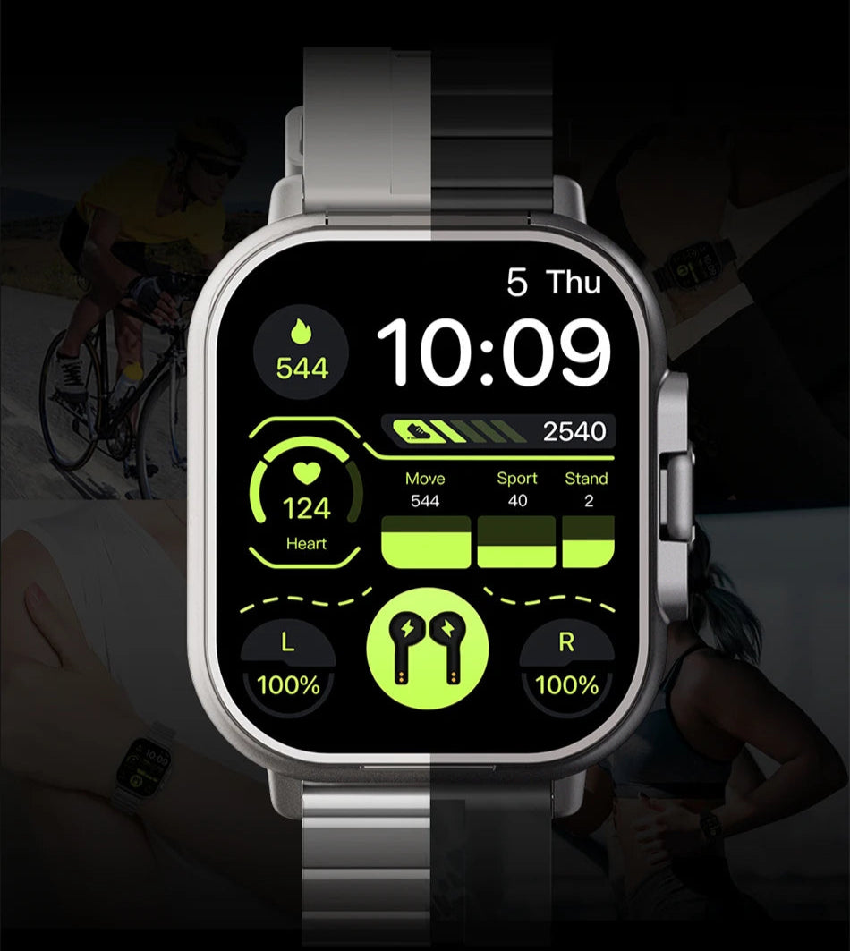 Smartwatch 2 em 1 com fones de ouvido Bluetooth integrados, chamadas, monitoramento de saúde e design moderno resistente à água.