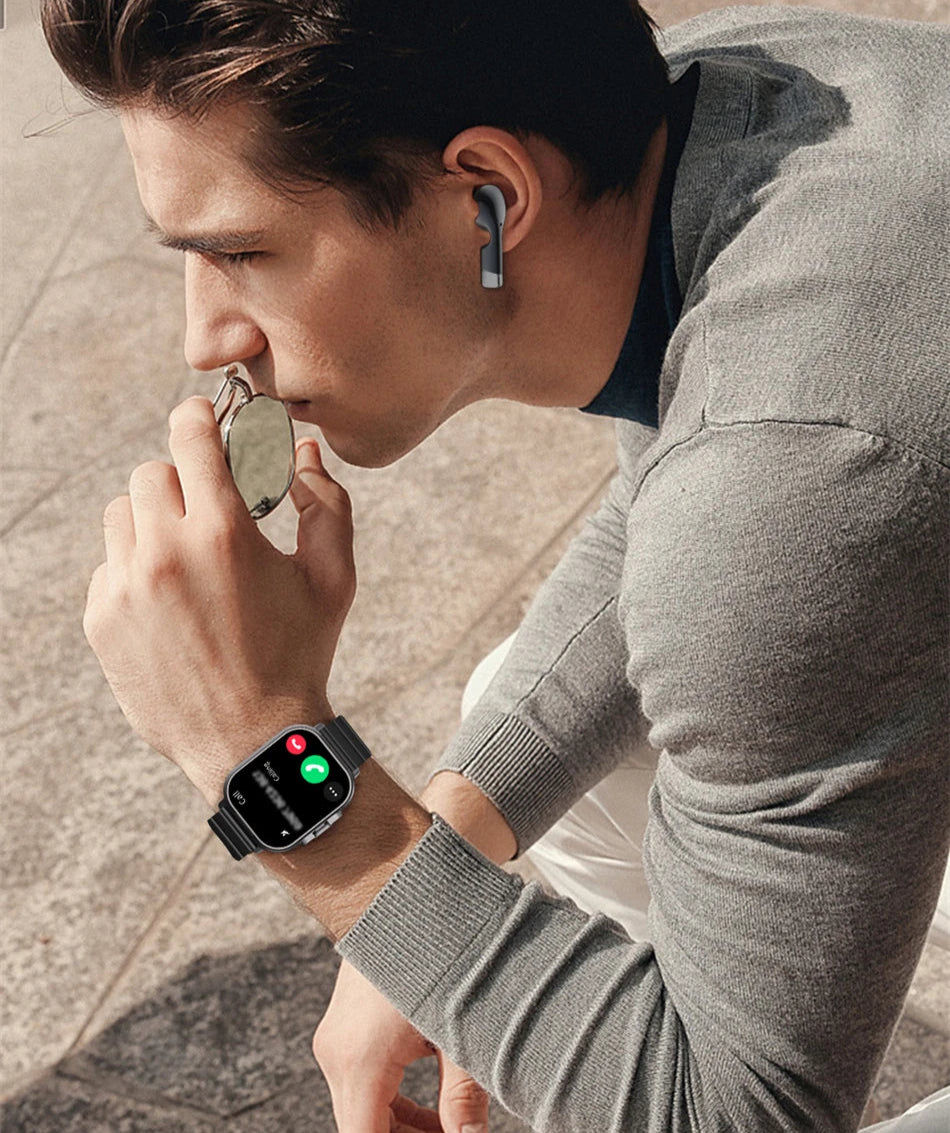 Smartwatch 2 em 1 com fones de ouvido Bluetooth integrados, chamadas, monitoramento de saúde e design moderno resistente à água.