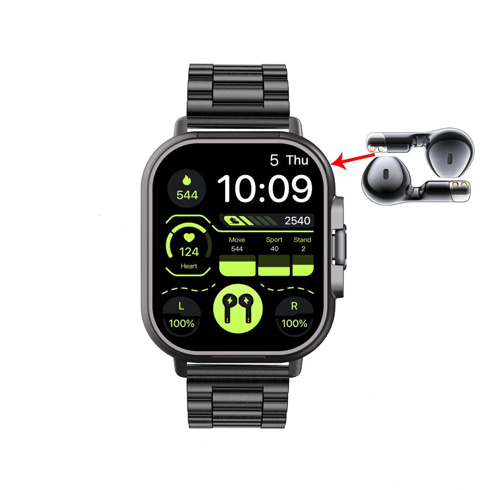 Smartwatch 2 em 1 com fones de ouvido Bluetooth integrados, chamadas, monitoramento de saúde e design moderno resistente à água.