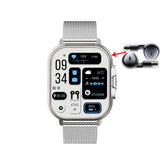 Smartwatch 2 em 1 com fones de ouvido Bluetooth integrados, chamadas, monitoramento de saúde e design moderno resistente à água.