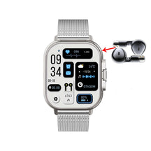 Smartwatch 2 em 1 com fones de ouvido Bluetooth integrados, chamadas, monitoramento de saúde e design moderno resistente à água.