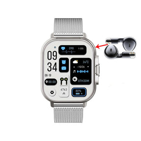Smartwatch 2 em 1 com fones de ouvido Bluetooth integrados, chamadas, monitoramento de saúde e design moderno resistente à água.