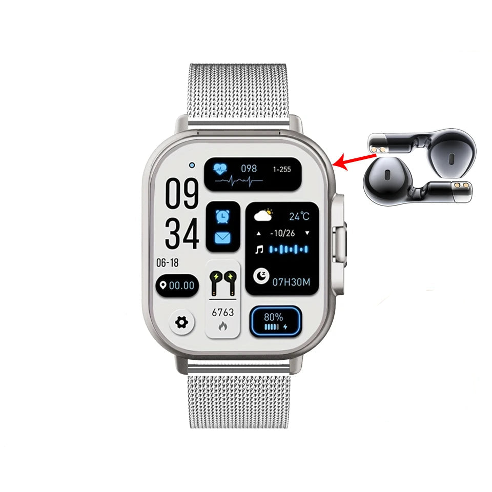 Smartwatch 2 em 1 com fones de ouvido Bluetooth integrados, chamadas, monitoramento de saúde e design moderno resistente à água.