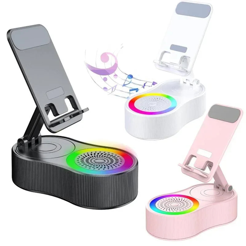 Suporte de celular com alto-falante Bluetooth integrado, rotação 360° e luz LED ambiente. Perfeito para vídeos, chamadas e iluminação decorativa.