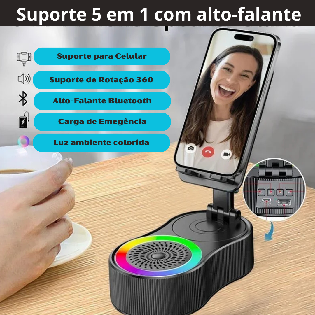 Suporte de celular com alto-falante Bluetooth integrado, rotação 360° e luz LED ambiente. Perfeito para vídeos, chamadas e iluminação decorativa.