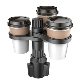 Suporte de copos giratório 2 em 1 para carro, com divisórias para celular e acessórios. Ajustável, resistente e prático para organização veicular.