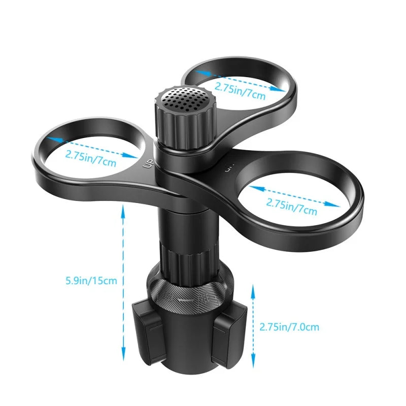 Suporte de copos giratório 2 em 1 para carro, com divisórias para celular e acessórios. Ajustável, resistente e prático para organização veicular.