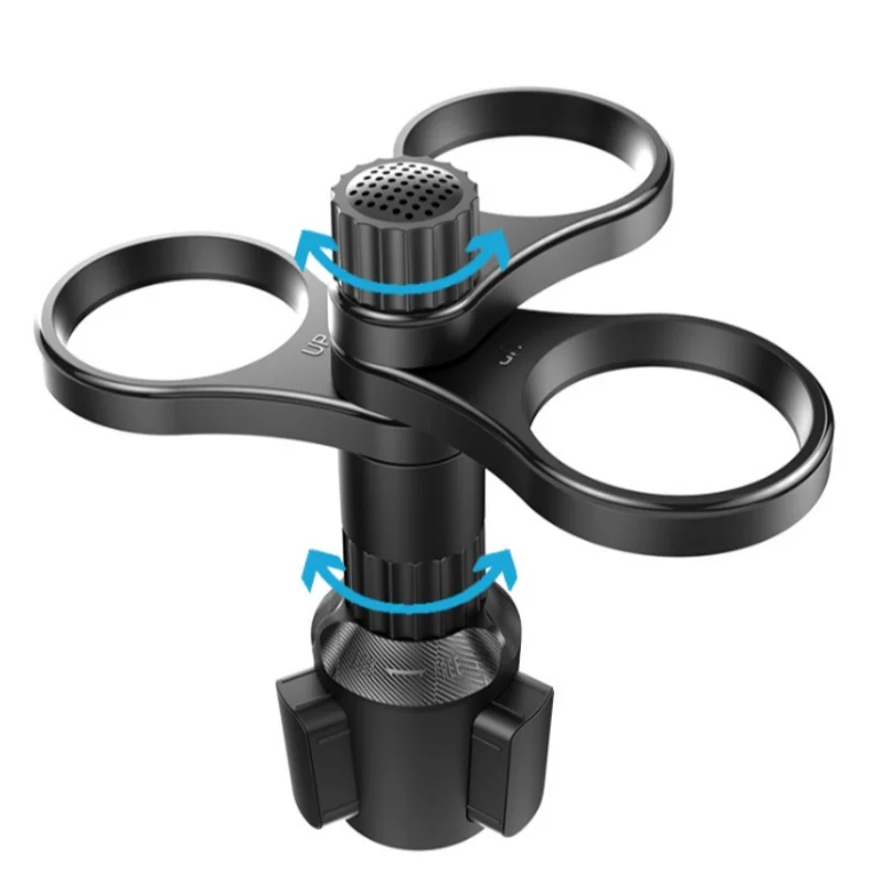 Suporte de copos giratório 2 em 1 para carro, com divisórias para celular e acessórios. Ajustável, resistente e prático para organização veicular.