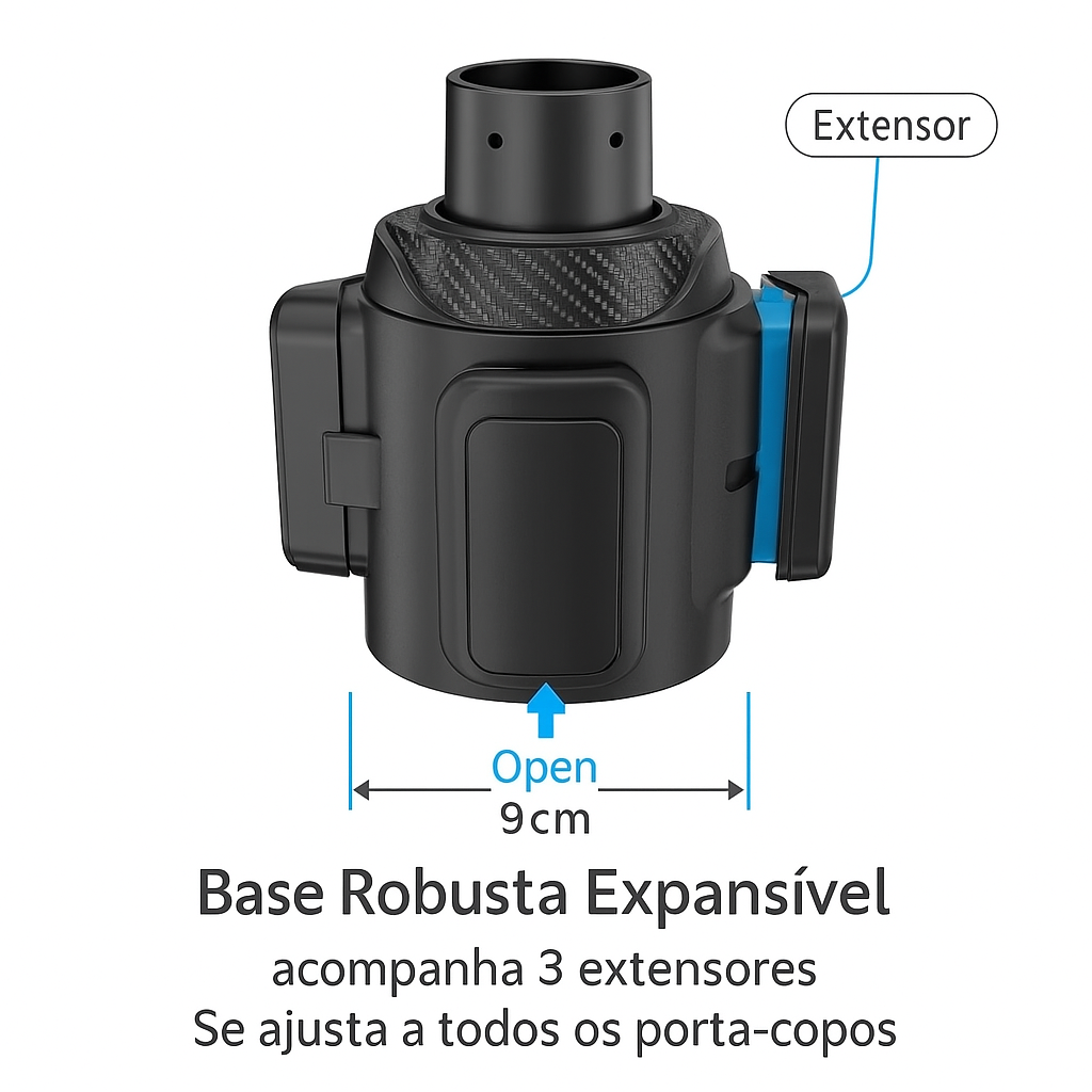 Suporte de copos giratório 2 em 1 para carro, com divisórias para celular e acessórios. Ajustável, resistente e prático para organização veicular.
