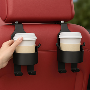 Suporte de copos com gancho universal para carro, ideal para fixar bebidas com segurança em saídas de ar ou encostos. Compacto e fácil de instalar.