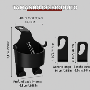 Suporte de copos com gancho universal para carro, ideal para fixar bebidas com segurança em saídas de ar ou encostos. Compacto e fácil de instalar.