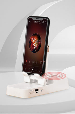 Suporte para celular multifuncional com som integrado.