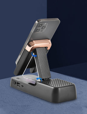 Suporte para celular multifuncional com som integrado.