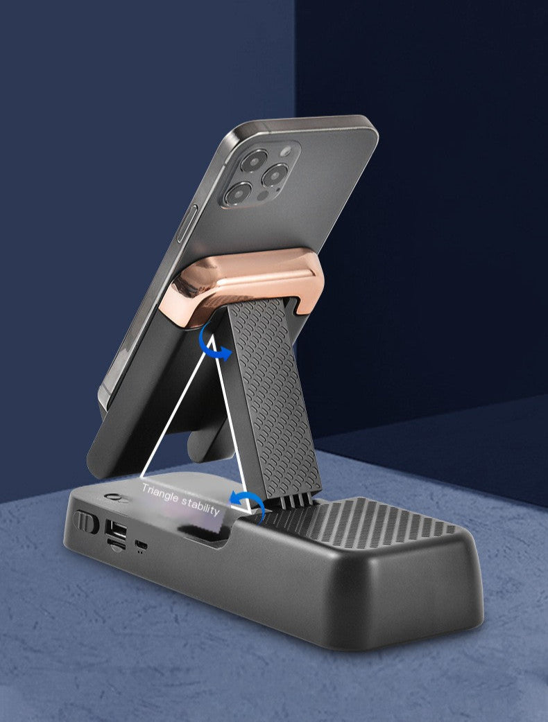 Suporte para celular multifuncional com som integrado.