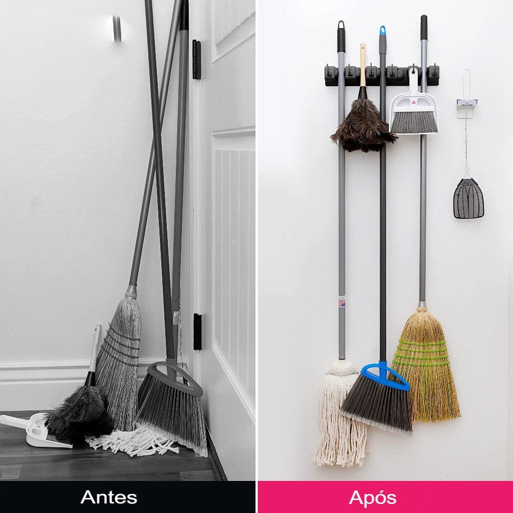 Suporte organizador de vassoura para parede, prático e resistente.