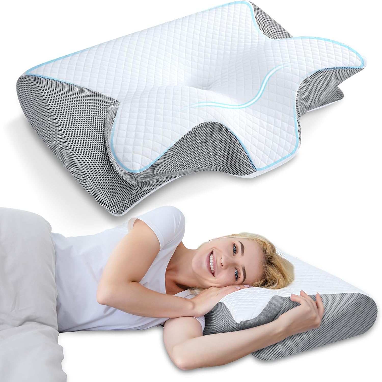 Travesseiro cervical ortopédico 2 em 1 com espuma Memory Foam, capa lavável e suporte ergonômico para alívio de dores e melhor sono