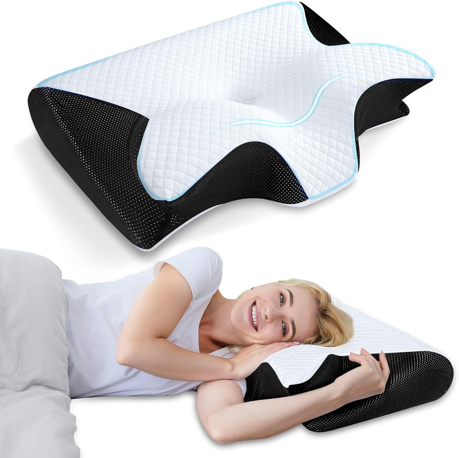 Travesseiro cervical ortopédico 2 em 1 com espuma Memory Foam, capa lavável e suporte ergonômico para alívio de dores e melhor sono