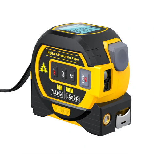 Trena laser digital multifuncional com medição a laser, trena tradicional e roda digital. Compacta, precisa e recarregável via USB
