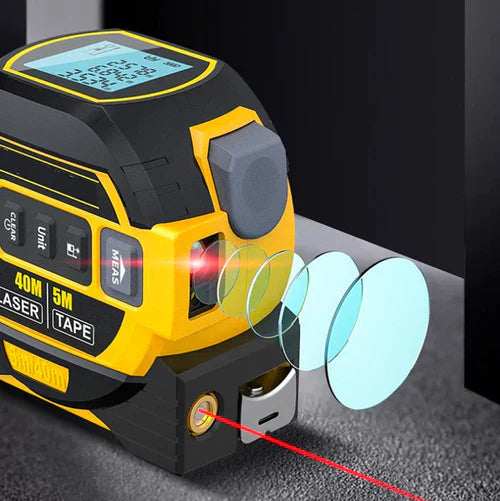 Trena laser digital multifuncional com medição a laser, trena tradicional e roda digital. Compacta, precisa e recarregável via USB
