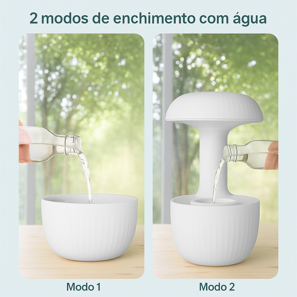 Umidificador de ambiente antigravidade com gotas levitantes e névoa fria.