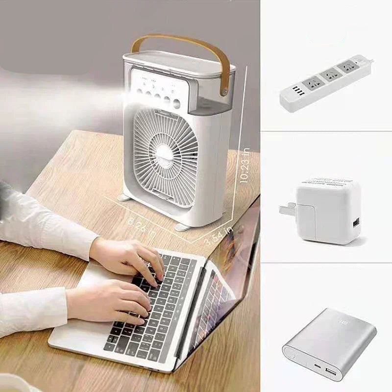 Ventilador com umidificador silencioso e eficiente para conforto térmico.