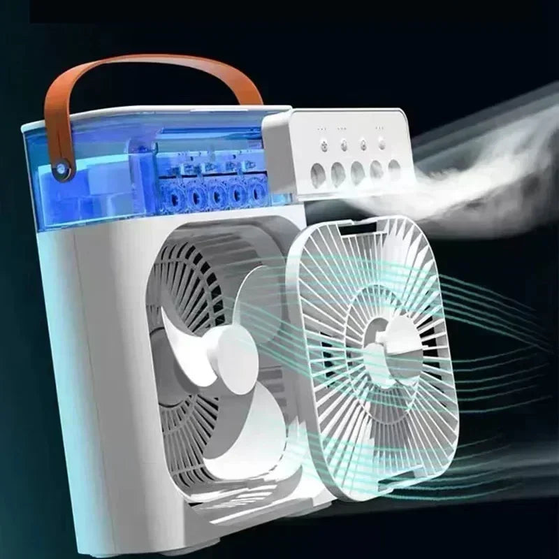 Ventilador com umidificador silencioso e eficiente para conforto térmico.