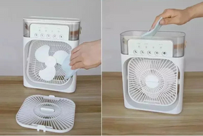 Ventilador com umidificador silencioso e eficiente para conforto térmico.