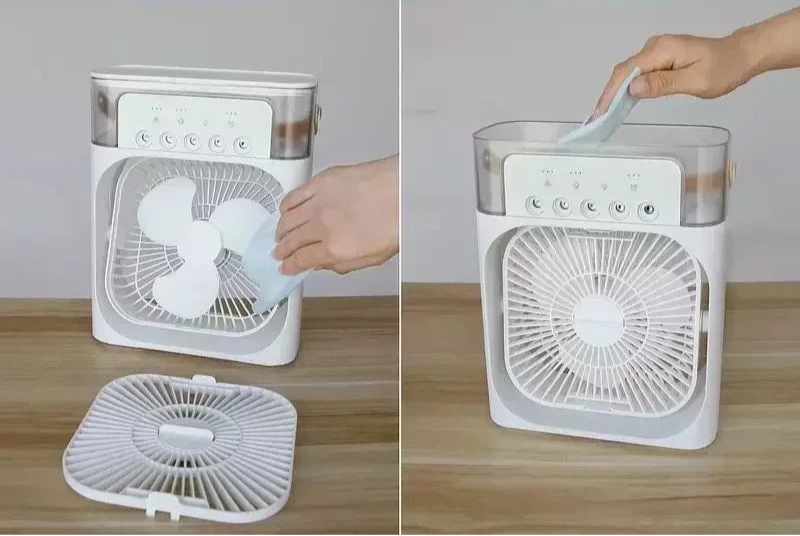 Ventilador com umidificador silencioso e eficiente para conforto térmico.