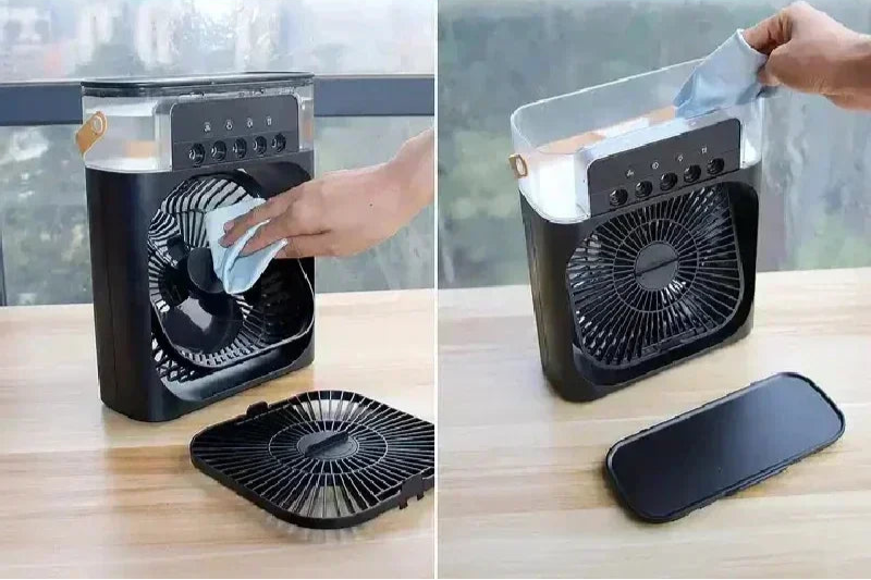 Ventilador com umidificador silencioso e eficiente para conforto térmico.