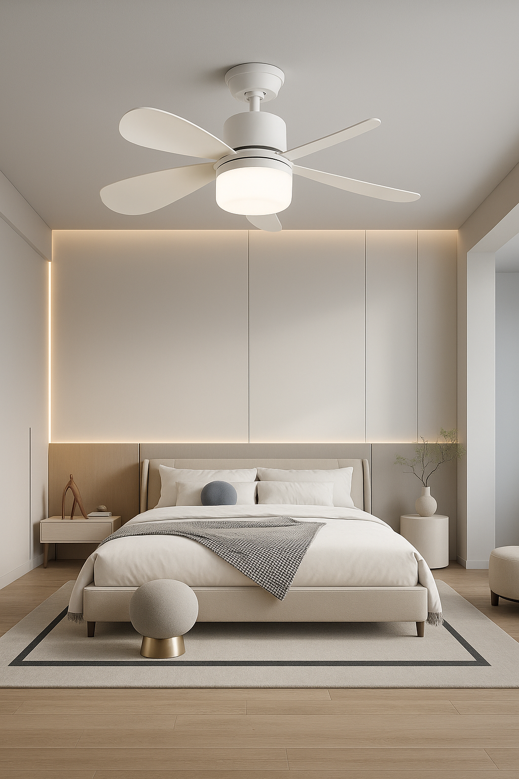 Ventilador de teto com lâmpada LED e controle remoto, design moderno e silencioso. Ideal para conforto e ventilação prática em qualquer ambiente.